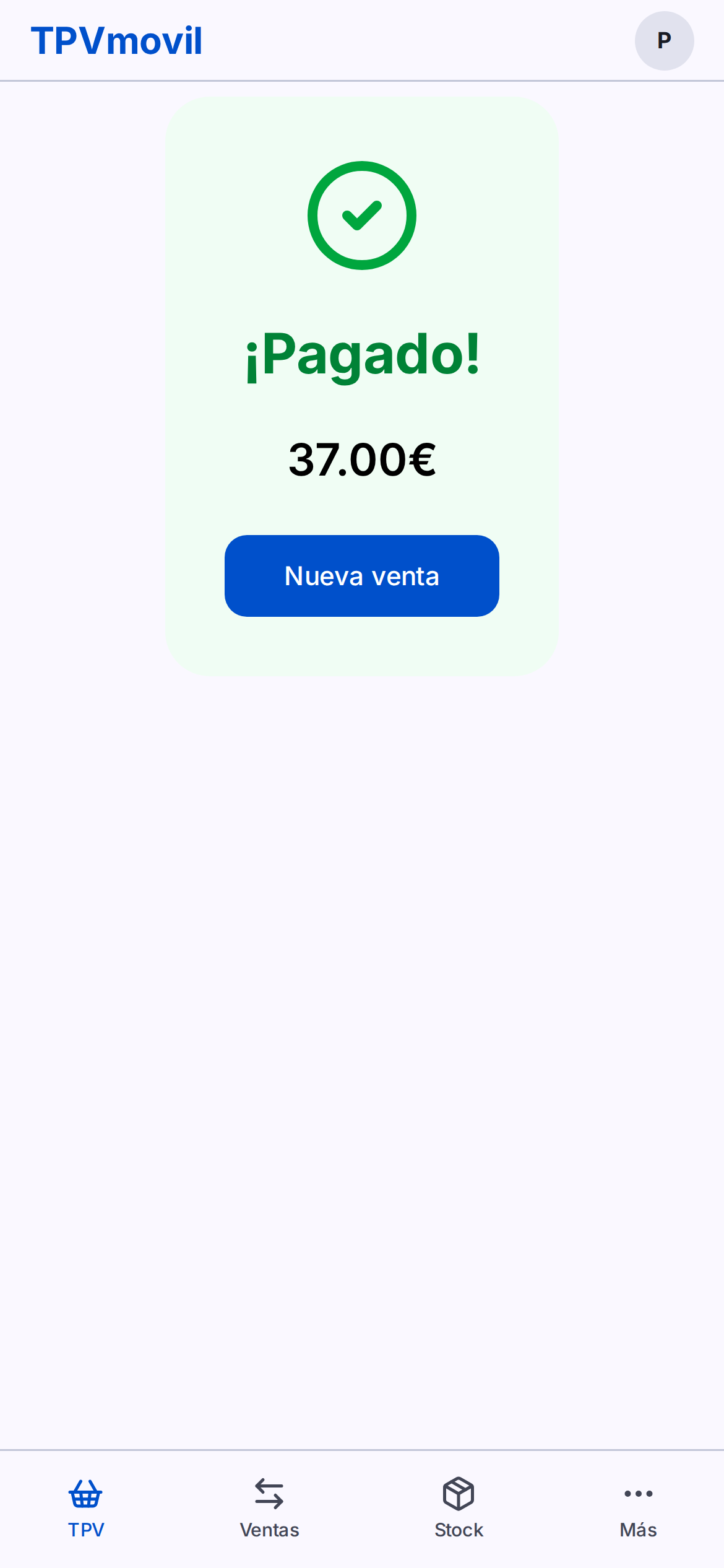 TPVmovil payment-completed screen after a Bizum payment